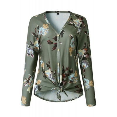 Dark-green Floral V Neck Button Up Tied Casual Top