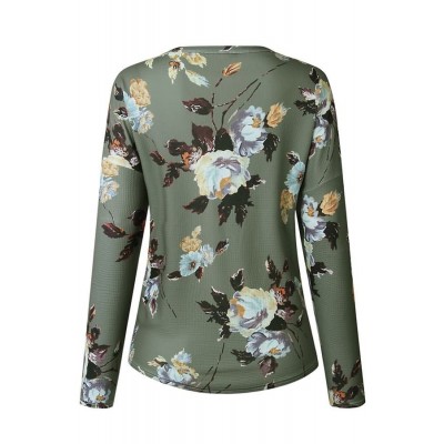 Dark-green Floral V Neck Button Up Tied Casual Top