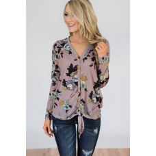 Pink Floral V Neck Button Up Tied Casual Top