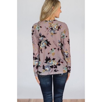 Pink Floral V Neck Button Up Tied Casual Top