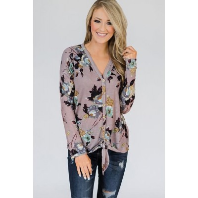 Pink Floral V Neck Button Up Tied Casual Top