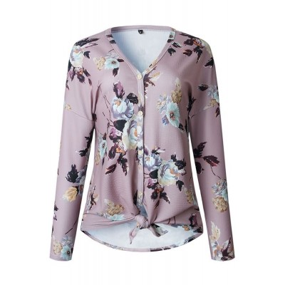 Pink Floral V Neck Button Up Tied Casual Top