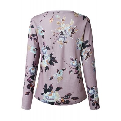 Pink Floral V Neck Button Up Tied Casual Top