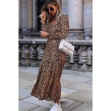 Leopard Long Sleeve V Neck Ruffles Casual Maxi Dress