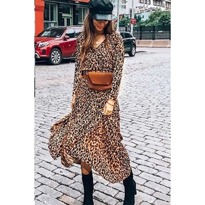 Leopard Long Sleeve V Neck Ruffles Casual Maxi Dress