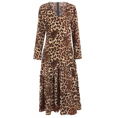 Leopard Long Sleeve V Neck Ruffles Casual Maxi Dress