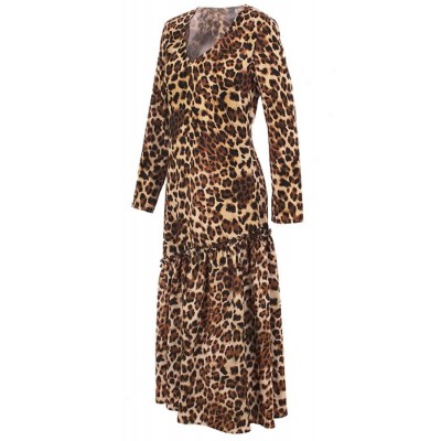 Leopard Long Sleeve V Neck Ruffles Casual Maxi Dress