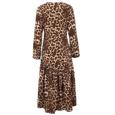 Leopard Long Sleeve V Neck Ruffles Casual Maxi Dress