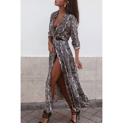 Gray Snakeskin Lapel Button Up Long Sleeve Sexy Maxi Dress