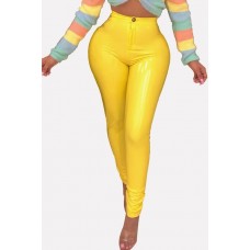 Yellow Leather High Waist Sexy Skinny Leggings