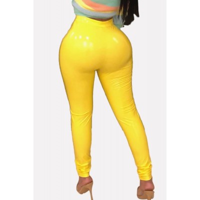 Yellow Leather High Waist Sexy Skinny Leggings