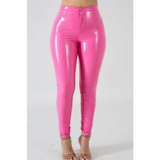 Hot-pink Leather High Waist Sexy Skinny Leggings