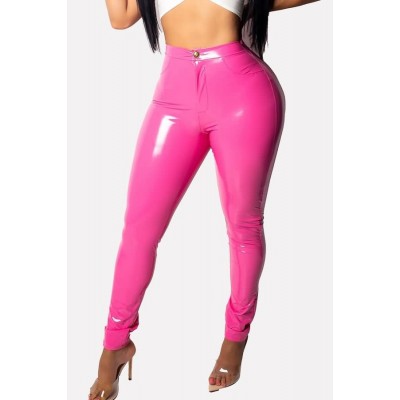 Hot-pink Leather High Waist Sexy Skinny Leggings