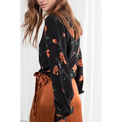 Black Floral Notched Collar Button Up Long Sleeve Dressy Blouse