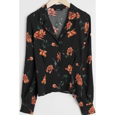 Black Floral Notched Collar Button Up Long Sleeve Dressy Blouse