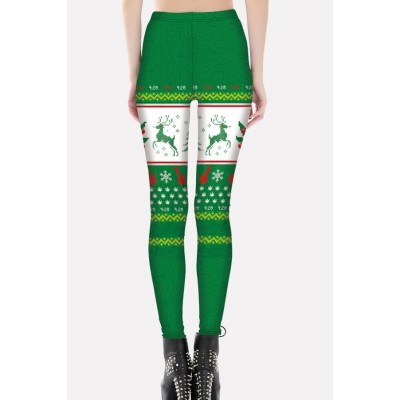 Green Christmas Elastic Waist Skinny Yoga Leggings