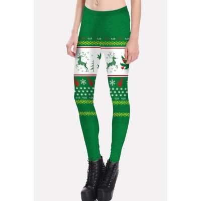 Green Christmas Elastic Waist Skinny Yoga Leggings