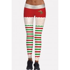 Red Stripe Elastic Waist Skinny Christmas Yoga Leggings