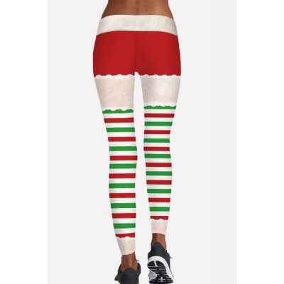 Red Stripe Elastic Waist Skinny Christmas Yoga Leggings