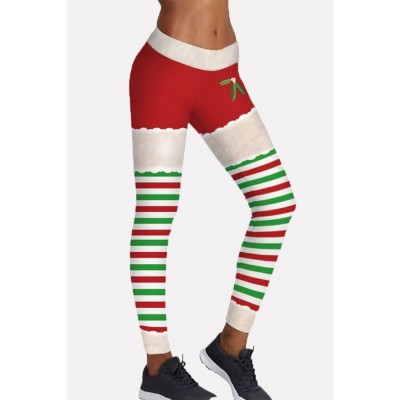 Red Stripe Elastic Waist Skinny Christmas Yoga Leggings