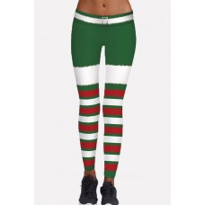 Green Stripe Elastic Waist Skinny Christmas Yoga Leggings