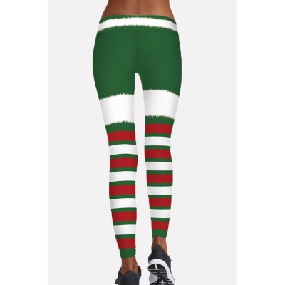 Green Stripe Elastic Waist Skinny Christmas Yoga Leggings