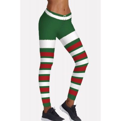 Green Stripe Elastic Waist Skinny Christmas Yoga Leggings