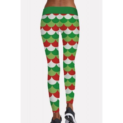 Green Christmas Elastic Waist Skinny Yoga Leggings