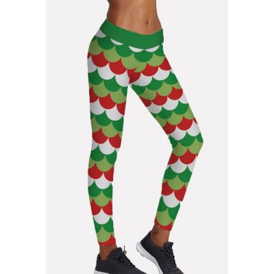 Green Christmas Elastic Waist Skinny Yoga Leggings