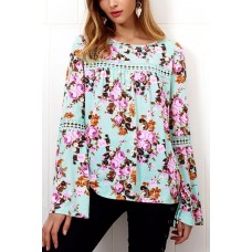 Light-green Floral Crochet Hollow Out Long Sleeve Dressy Blouse