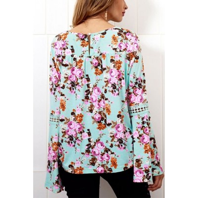 Light-green Floral Crochet Hollow Out Long Sleeve Dressy Blouse