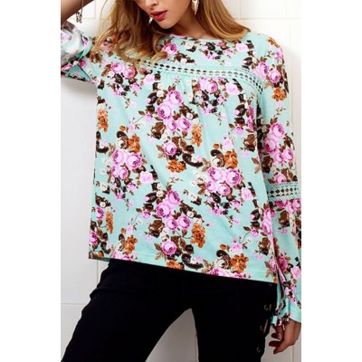 Light-green Floral Crochet Hollow Out Long Sleeve Dressy Blouse