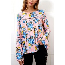 Pink Floral Crochet Hollow Out Long Sleeve Dressy Blouse