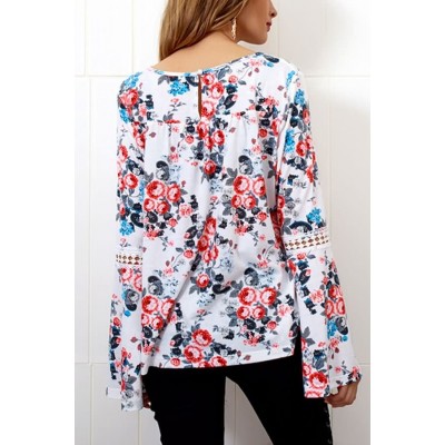 Floral Crochet Hollow Out Long Sleeve Dressy Blouse