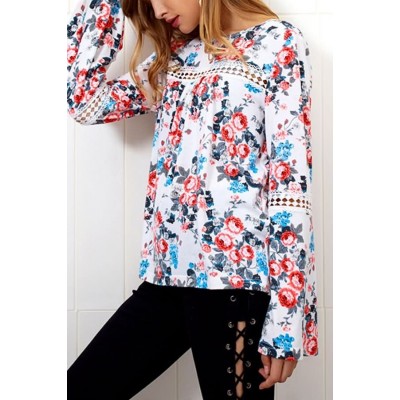 Floral Crochet Hollow Out Long Sleeve Dressy Blouse