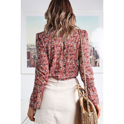 Pink Floral Flare Sleeve Knotted Ruffles Neck Dressy Chiffon Blouse