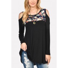 Black Floral Cold Shoulder Long Sleeve Casual T Shirt