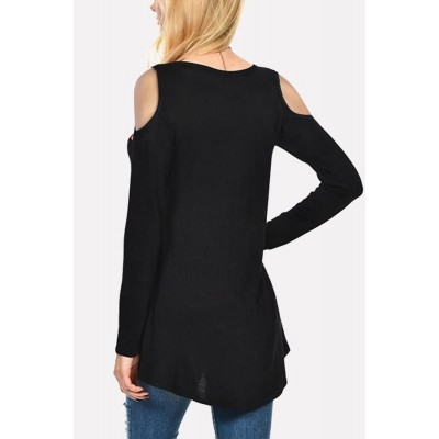 Black Floral Cold Shoulder Long Sleeve Casual T Shirt