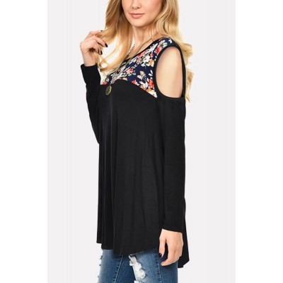 Black Floral Cold Shoulder Long Sleeve Casual T Shirt