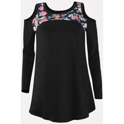 Black Floral Cold Shoulder Long Sleeve Casual T Shirt