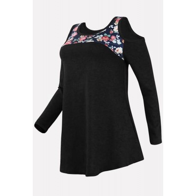 Black Floral Cold Shoulder Long Sleeve Casual T Shirt