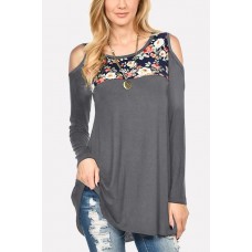 Gray Floral Cold Shoulder Long Sleeve Casual T Shirt