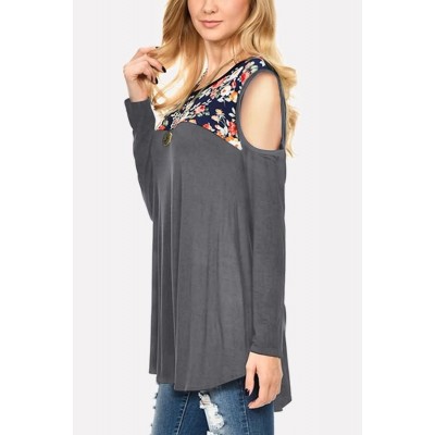 Gray Floral Cold Shoulder Long Sleeve Casual T Shirt