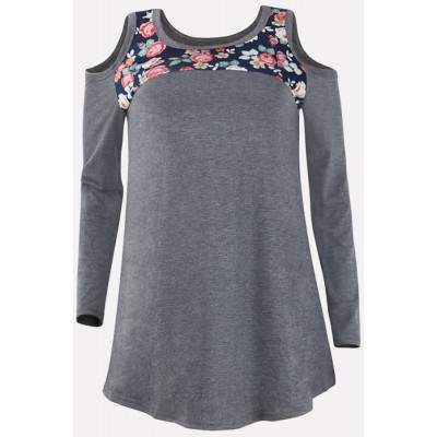 Gray Floral Cold Shoulder Long Sleeve Casual T Shirt