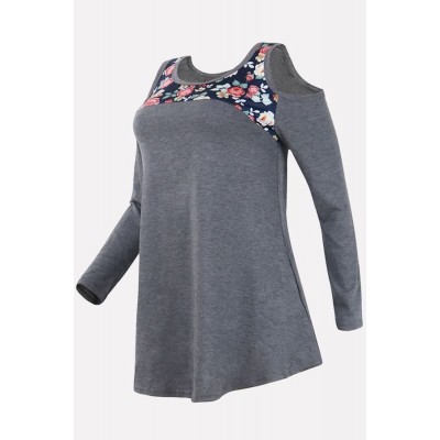 Gray Floral Cold Shoulder Long Sleeve Casual T Shirt