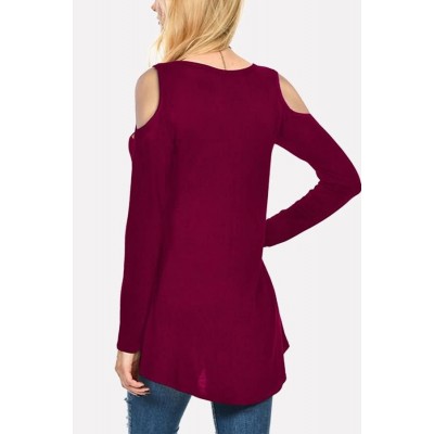 Dark-red Floral Cold Shoulder Long Sleeve Casual T Shirt