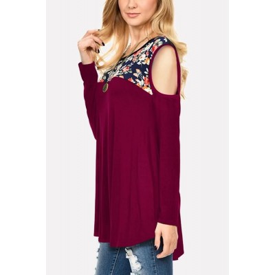 Dark-red Floral Cold Shoulder Long Sleeve Casual T Shirt