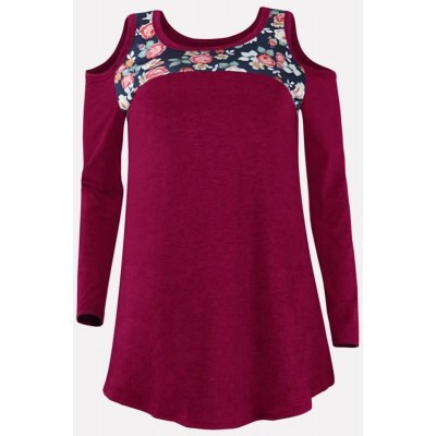 Dark-red Floral Cold Shoulder Long Sleeve Casual T Shirt