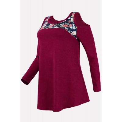 Dark-red Floral Cold Shoulder Long Sleeve Casual T Shirt