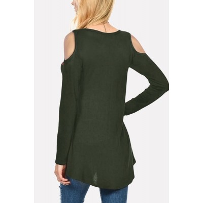 Army-green Floral Cold Shoulder Long Sleeve Casual T Shirt